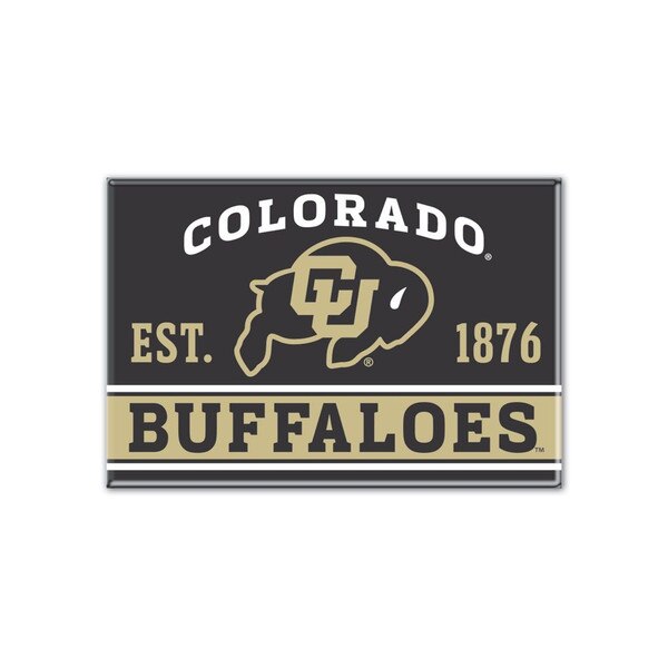 Colorado Buffaloes metal magnet with bold CU logo, 'Buffaloes' text, and established year in black and gold.
